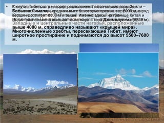 Особенностью рельефа является Тибетское нагорье. Тибетское нагорье занимает более четверти территории Китая и включает Тибетский автономный район, провинцию Цинхай и западную часть провинции Сычуань. Западные и центральные части нагорья, расположенные выше 4000 м, справедливо называют «крышей мира». Многочисленные хребты, пересекающие Тибет, имеют широтное простирание и поднимаются до высот 5500–7600 м.   К югу от Тибетского нагорья расположены высочайшие горы Земли –  Большие Гималаи , средняя высота которых превышает 6000 м, а ряд вершин достигает 8000 м и выше. Именно здесь, на границе Китая и Индии расположена высшая точка мира – гора  Джомолунгма  (8848 м).  