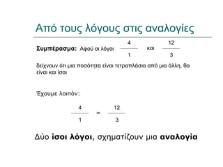 Από τους λόγους στις αναλογίες
Συμπέρασμα: Αφού οι λόγοι
4
1
και
12
3
δείχνουν ότι μια ποσότητα είναι τετραπλάσια από μια άλλη, θα
είναι και ίσοι
Έχουμε λοιπόν:
4
1
=
12
3
Δύο ίσοι λόγοι, σχηματίζουν μια αναλογία
 