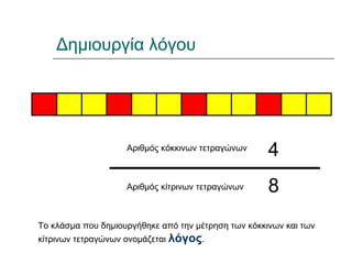 Δημιουργία λόγου
Αριθμός κόκκινων τετραγώνων
Αριθμός κίτρινων τετραγώνων
4
8
Το κλάσμα που δημιουργήθηκε από την μέτρηση των κόκκινων και των
κίτρινων τετραγώνων ονομάζεται λόγος.
 