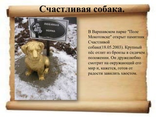 Счастливая собака.

          В Варшавском парке "Поле
          Мокотовске" открыт памятник
          Счастливой
          собаке(18.05.2003). Крупный
          пѐс отлит из бронзы в сидячем
          положении. Он дружелюбно
          смотрит на окружающий его
          мир и, кажется, готов от
          радости завилять хвостом.
 