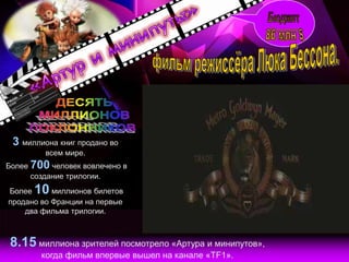 3 миллиона книг продано во
         всем мире.
Более 700 человек вовлечено в
      создание трилогии.
Более 10   миллионов билетов
продано во Франции на первые
    два фильма трилогии.



 8.15 миллиона зрителей посмотрело «Артура и минипутов»,
        когда фильм впервые вышел на канале «TF1».
 
