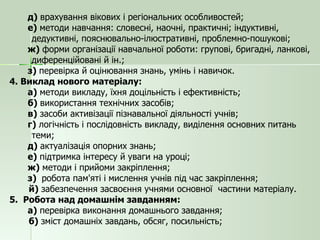 д)  врахування вікових і регіональних особливостей; е)  методи навчання: словесні, наочні, практичні; індуктивні,  дедуктивні, пояснювально-ілюстративні, проблемно-пошукові; ж)  форми організації навчальної роботи: групові, бригадні, ланкові,  диференційовані й ін.; з)  перевірка й оцінювання знань, умінь і навичок. 4. Виклад нового матеріалу: а)  методи викладу, їхня доцільність і ефективність; б)  використання технічних засобів; в)  засоби активізації пізнавальної діяльності учнів; г)  логічність і послідовність викладу, виділення основних питань  теми; д)  актуалізація опорних знань; е)  підтримка інтересу й уваги на уроці; ж)  методи і прийоми закріплення; з)  робота пам'яті і мислення учнів під час закріплення; й)  забезпечення засвоєння учнями основної  частини матеріалу. 5.  Робота над домашнім завданням: а)  перевірка виконання домашнього завдання; б)  зміст домашніх завдань, обсяг, посильність; 