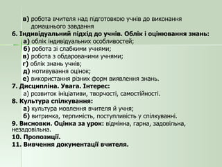 в)  робота вчителя над підготовкою учнів до виконання  домашнього завдання 6. Індивідуальний підхід до учнів. Облік і оцінювання знань: а)  облік індивідуальних особливостей; б)  робота зі слабкими учнями; в)  робота з обдарованими учнями; г)  облік знань учнів; д)  мотивування оцінок; е)  використання різних форм виявлення знань. 7. Дисципліна. Увага. Інтерес: а) розвиток ініціативи, творчості, самостійності. 8. Культура спілкування: а)  культура мовлення вчителя й учня; б)  витримка, терпимість, поступливість у спілкуванні. 9. Висновки. Оцінка за урок:  відмінна, гарна, задовільна, незадовільна. 10. Пропозиції. 11. Вивчення документації вчителя. 