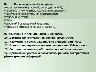8. Система домашніх завдань: характер завдань (творчий, репродуктивний); наступність між класною і домашньою роботами; врахування індивідуальних особливостей; зв'язок із життям; обсяг; виховний і розвиваючий характер; мотивація виконання домашніх завдань. 9.  Санітарно-гігієнічний режим на уроці. 10. Дотримання вчителем єдиних вимог до учнів. 11. Насиченість уроку, раціональне використання часу. 12. Ступінь оволодіння знаннями і навичками. Обсяг знань. 13. Система письмових робіт учнів, якість їх виконання. 14. Організація учителем позакласної роботи, використання різних джерел інформації 