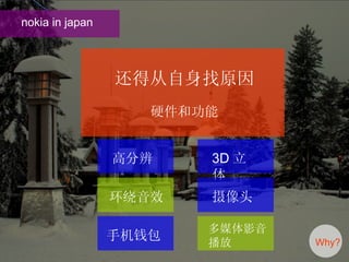 nokia in japan Why? 还得从自身找原因 硬件和功能 高分辨 环绕音效 手机钱包 3D 立体 摄像头 多媒体影音播放 