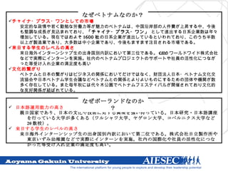 日本語運用能力の高さ 親日国家であり、日本の文化や技術に対する興味を強い持っている。日本研究・日本語講座を行っている大学が多くある（ワルシャワ大学、ヤゲロン大学、コペルニクス大学など 20 数校）。 来日する学生のレベルの高さ 来日海外インターンシップ生の出身国別内訳において第二位である。株式会社日立製作所や東京いずみ幼稚園などで実際にインターンを実施。社内の国際化や社員の活性化につながった等受け入れ企業の満足度も高い。 なぜポーランドなのか？ チャイナ・プラス・ワンとしての市場 安定的な政情や若く勤勉な労働力等が魅力のベトナムは、中国沿岸部の人件費が上昇する中、今後も堅調な成長が見込まれており、 「チャイナ・プラス・ワン」  として進出する日系企業数は年々増加している。現在ではおよそ 1600 社 の日系企業が進出しているといわれており、このうち半数以上が製造業であり、大多数は中小企業であり、今後もますます注目される市場である。 来日する学生のレベルの高さ 来日海外インターンシップ生の出身国別内訳において第三位である。 CMO ワールドワイド株式会社などで実際にインターンを実施。社内のベトナムプロジェクトのサポートや社員の活性化につながった等受け入れ企業の満足度も高い 文化的繋がり ベトナムと日本の繋がりはビジネスの関係においてだけではなく、財団法人日本・ベトナム文化交流協会や日本ベトナム学生会議などベトナムとの関係とよりよいものにするための団体や機関が数多く存在している。また毎年秋には代々木公園でベトナムフェスティバルが開催されており文化的な友好関係が結ばれている。 なぜベトナムなのか？ 