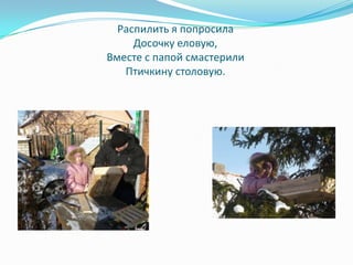 Распилить я попросила
     Досочку еловую,
Вместе с папой смастерили
   Птичкину столовую.
 