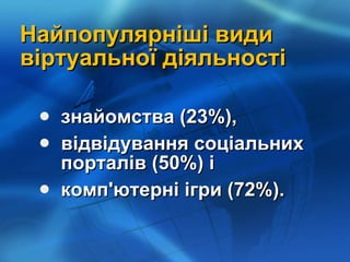 Найпопулярніші види віртуальної діяльності знайомства (23%), відвідування соціальних порталів (50%) і комп'ютерні ігри (72%). 