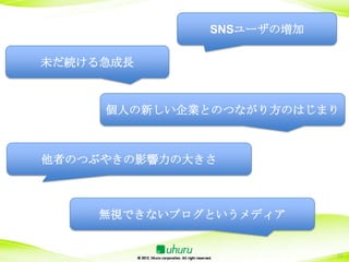 SNSユーザの増加

未だ続ける急成長



     個人の新しい企業とのつながり方のはじまり



他者のつぶやきの影響力の大きさ



    無視できないブログというメディア


                          15
 