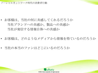 ソーシャルネットワーク時代の消費者行動




• お客様は、当社の何に共感してくれるだろうか
   当社ブランドへの共感か、製品への共感か
   当社が発信する情報自体への共感か

• お客様は、どのようなメディアから情報を得ているのだろうか

• 当社の本当のファンはどこにいるのだろうか




                             6
 