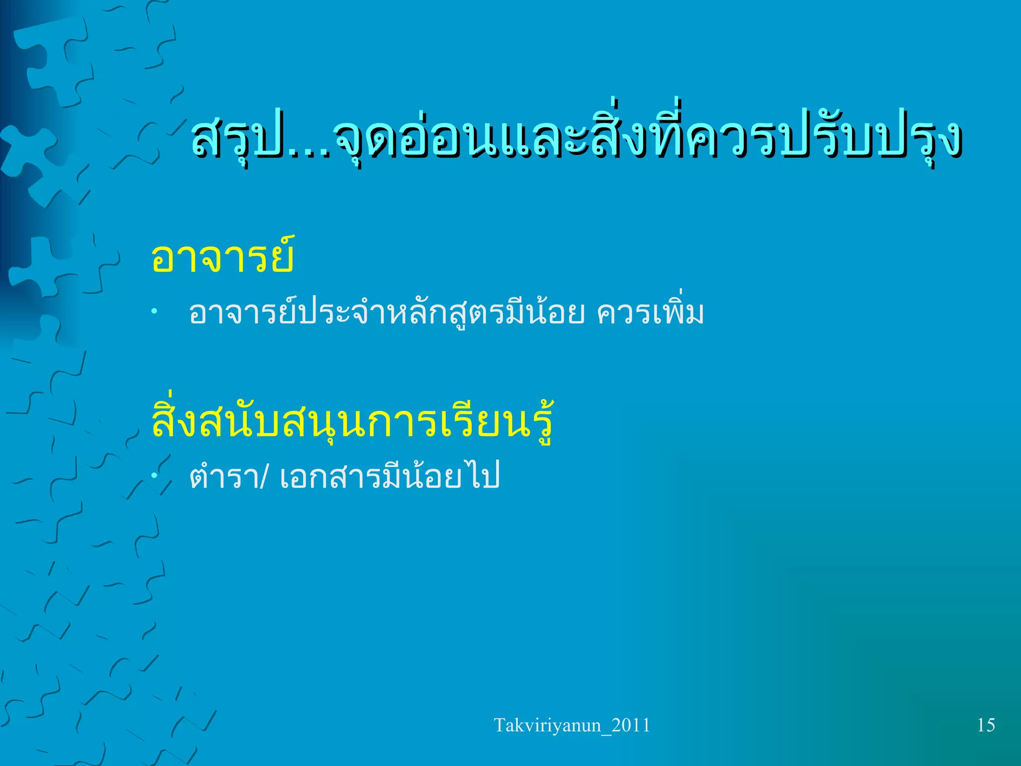 สรุป ... จุดอ่อนและสิ่งที่ควรปรับปรุง อาจารย์ อาจารย์ประจำหลักสูตรมีน้อย ควรเพิ่ม สิ่งสนับสนุนการเรียนรู้ ตำรา /  เอกสารมีน้อยไป 