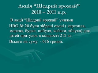 Акція “Щедрий врожай” 2010 – 2011 н.р. В акції “Щедрий врожай” учнями  НВО № 20 були зібрані овочі ( картопля, морква, буряк, цибуля, кабаки, яблука) для дітей притулок в кількості 212 кг. Всього на суму  - 616 гривні.  