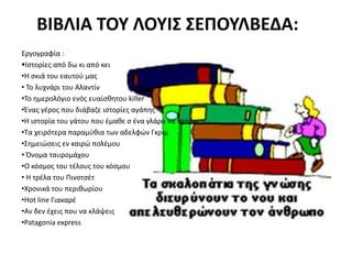 ΒΙΒΛΙΑ ΣΟΤ ΛΟΤΙ΢ ΢ΕΠΟΤΛΒΕΔΑ:
Εργογραφία :
Ιςτορίεσ από δω κι από κει
•Η ςκιά του εαυτοφ μασ
• Το λυχνάρι του Αλαντίν
•Το θμερολόγιο ενόσ ευαίςθθτου killer
•Ζνασ γζροσ που διάβαηε ιςτορίεσ αγάπθσ
•Η ιςτορία του γάτου που ζμαθε ς ζνα γλάρο να πετάει
•Τα χειρότερα παραμφθια των αδελφϊν Γκριμ
•Σθμειϊςεισ εν καιρϊ πολζμου
• Όνομα ταυρομάχου
•Ο κόςμοσ του τζλουσ του κόςμου
• Η τρζλα του Πινοτςζτ
•Χρονικά του περιθωρίου
•Hot line Γιακαρζ
•Αν δεν ζχεισ που να κλάψεισ
•Patagonia express
 