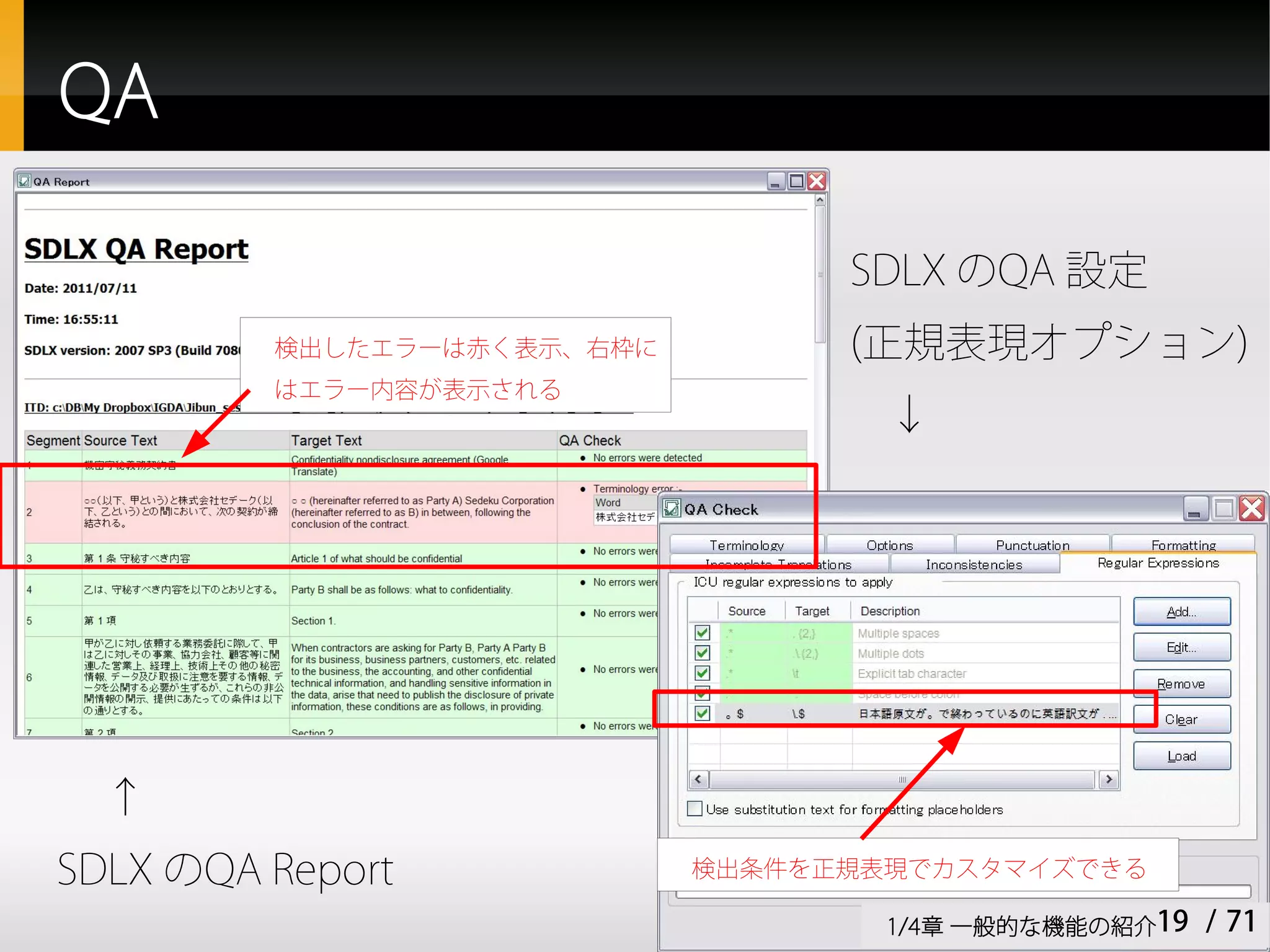 QA

                                  SDLX のQA 設定
         検出したエラーは赤く表示、右枠に         (正規表現オプション)
         はエラー内容が表示される
                                    ↓




  ↑
SDLX のQA Report             検出条件を正規表現でカスタマイズできる

                                    1/4章 一般的な機能の紹介19   / 71
 