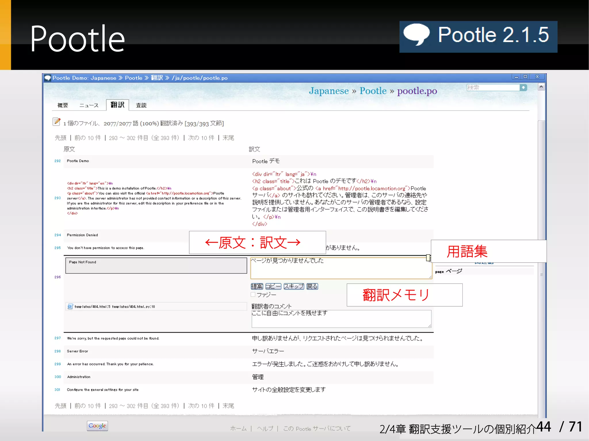 Pootle




         ←原文：訳文→
                           用語集


                   翻訳メモリ




                    2/4章 翻訳支援ツールの個別紹介44   / 71
 