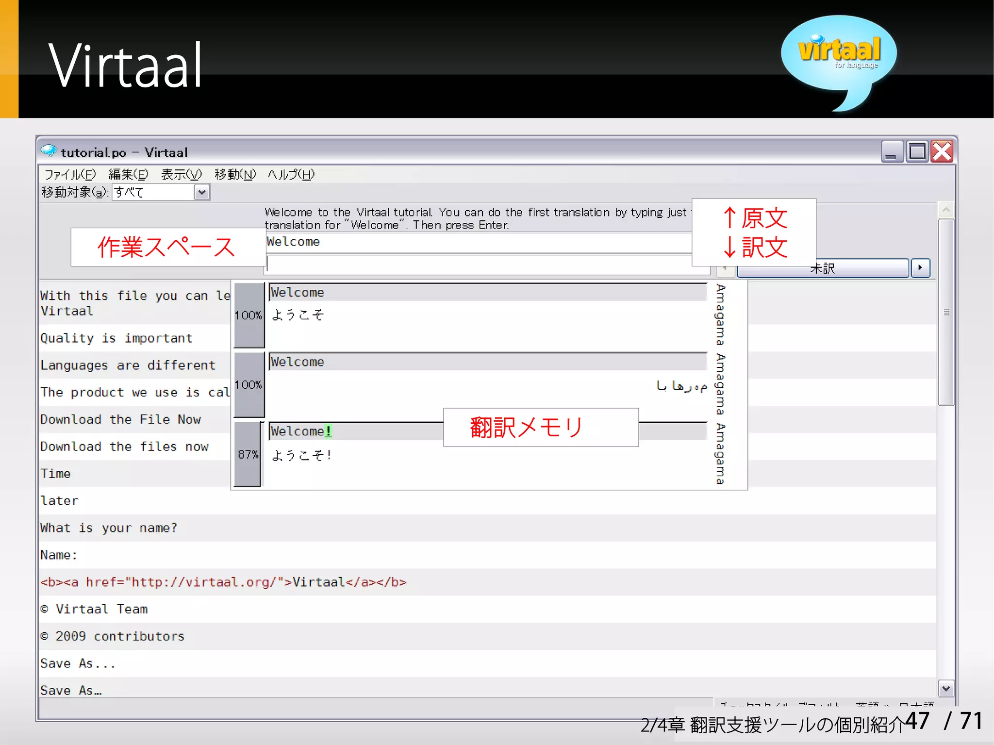 Virtaal

                        ↑原文
  作業スペース                ↓訳文




           翻訳メモリ




                   2/4章 翻訳支援ツールの個別紹介47   / 71
 
