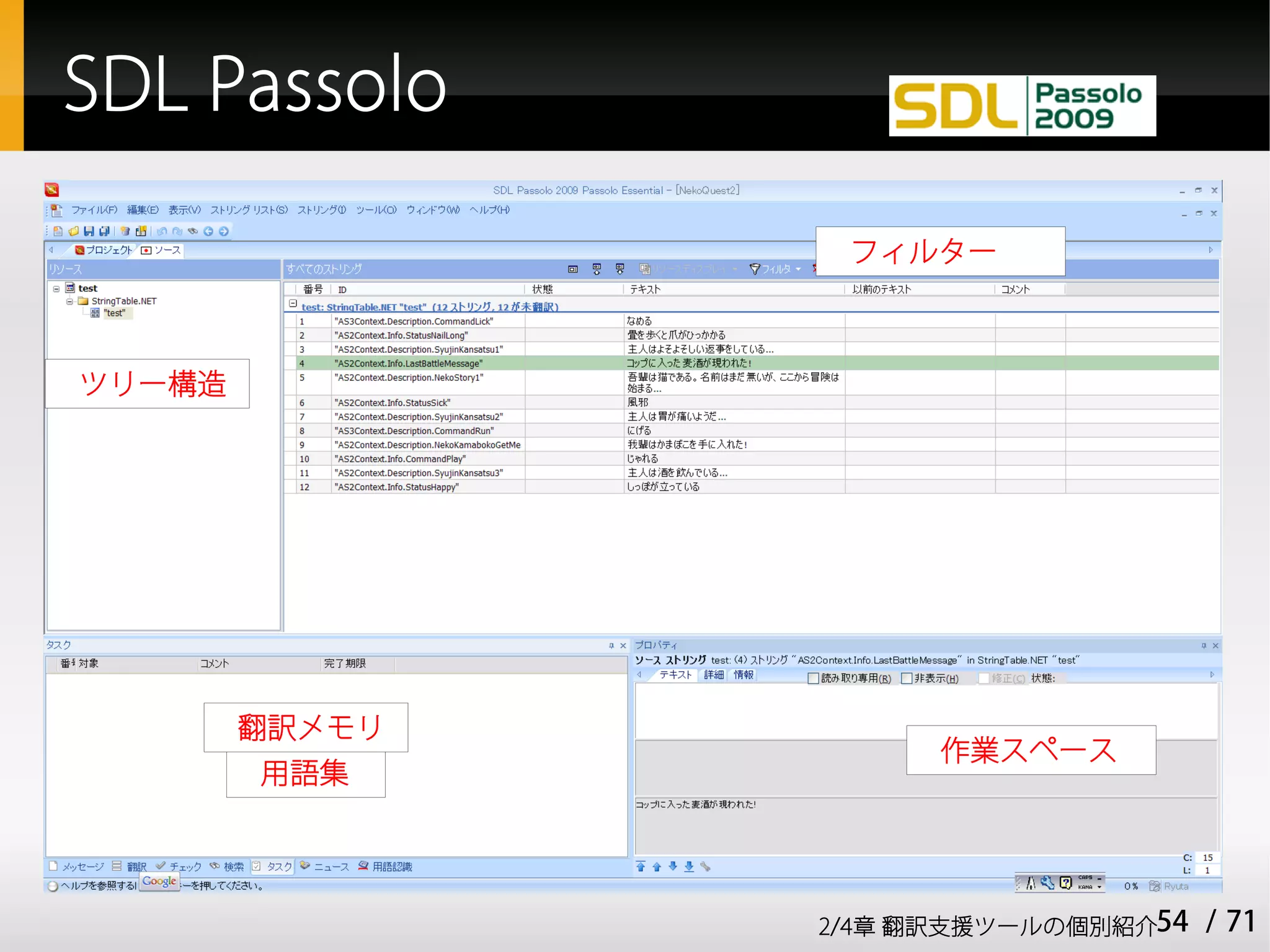 SDL Passolo

                 フィルター



ツリー構造




        翻訳メモリ
                      作業スペース
        用語集




                2/4章 翻訳支援ツールの個別紹介54   / 71
 