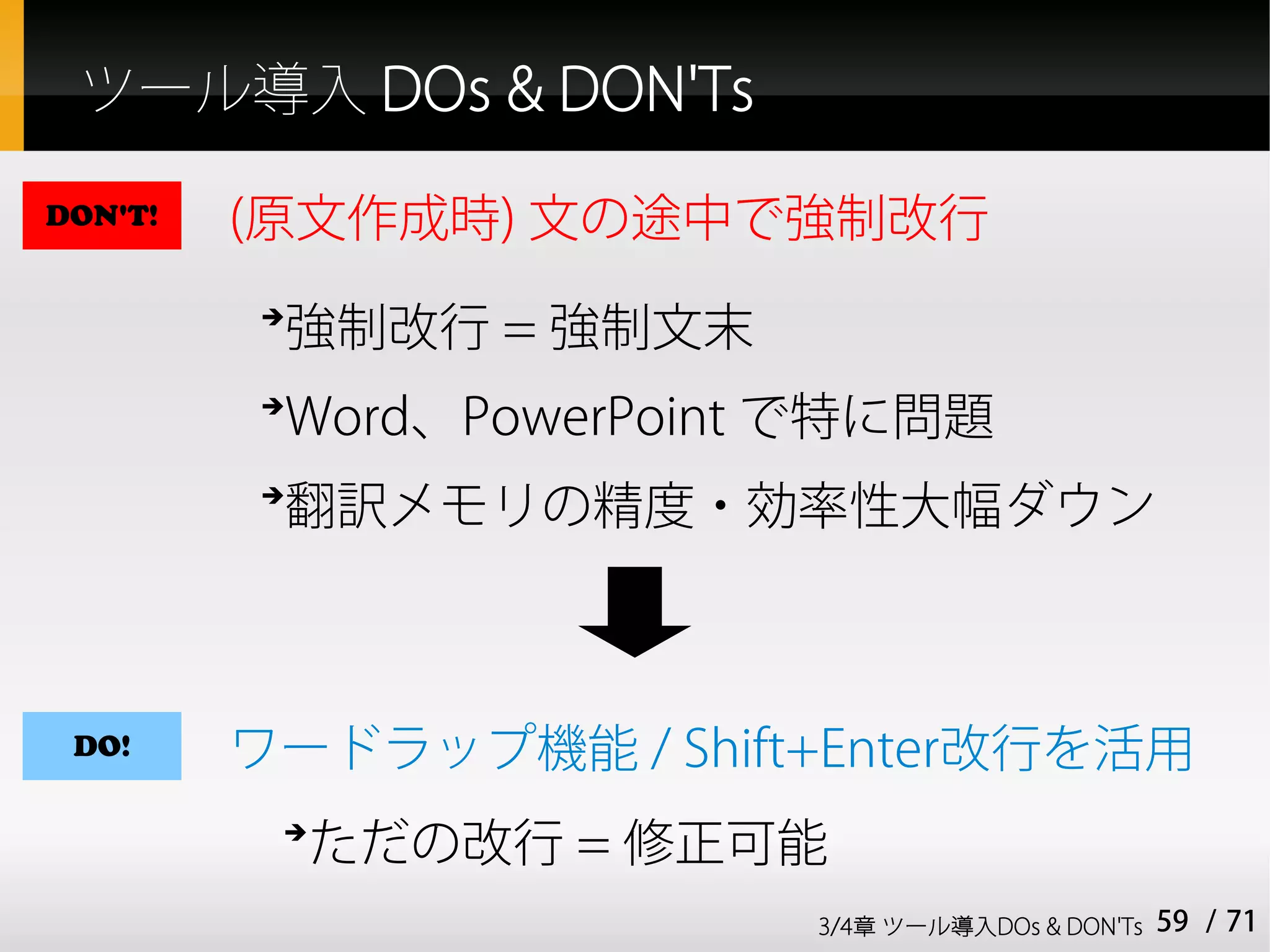ツール導入 DOs & DON'Ts

DON'T!   (原文作成時) 文の途中で強制改行
         ➔
          強制改行 = 強制文末
         ➔
          Word、PowerPoint で特に問題
         ➔
          翻訳メモリの精度・効率性大幅ダウン



 DO!     ワードラップ機能 / Shift+Enter改行を活用
          ➔
             ただの改行 = 修正可能
                         3/4章 ツール導入DOs & DON'Ts   59 / 71
 