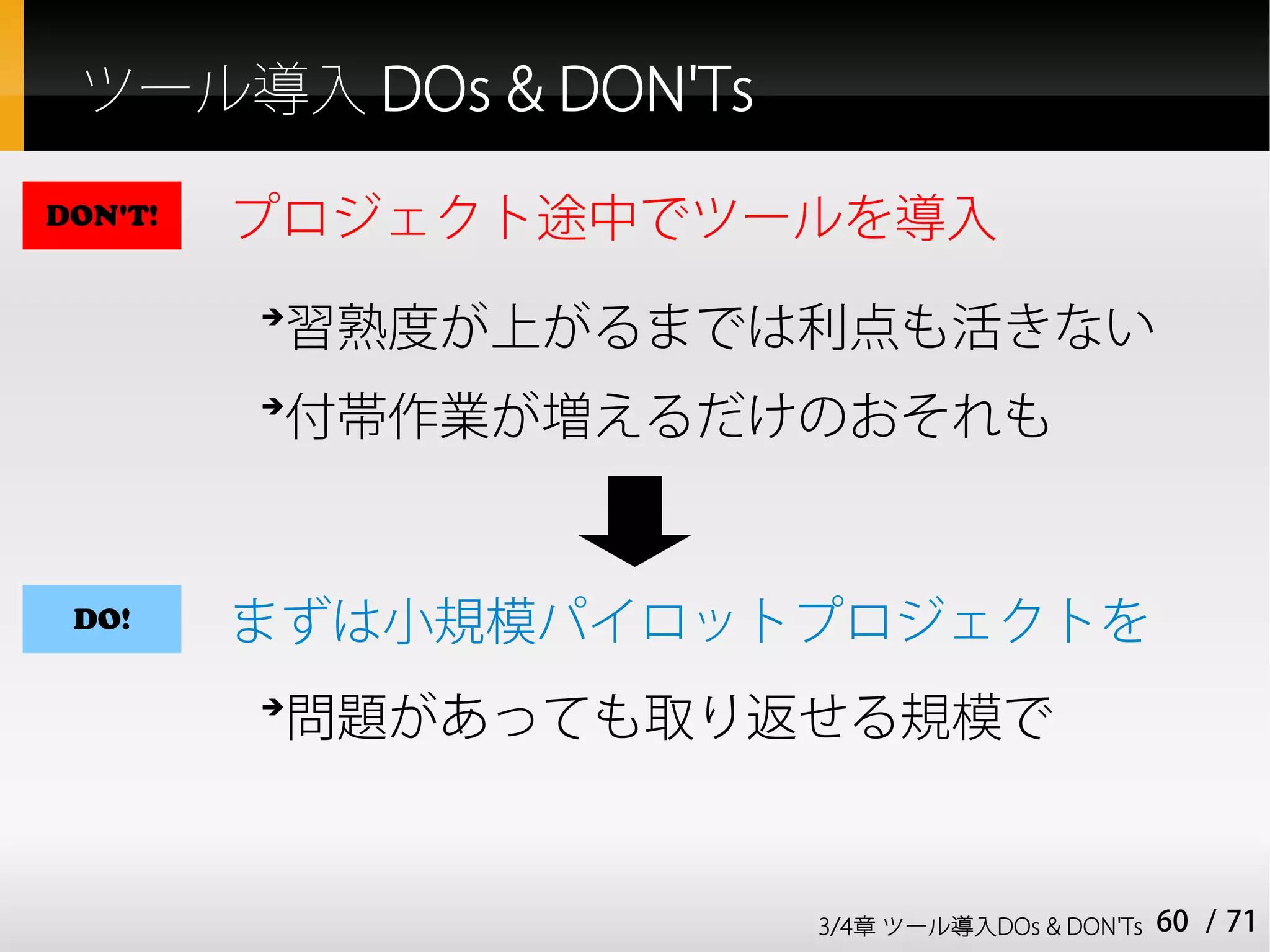 ツール導入 DOs & DON'Ts

DON'T!   プロジェクト途中でツールを導入
         ➔
          習熟度が上がるまでは利点も活きない
         ➔
          付帯作業が増えるだけのおそれも


 DO!     まずは小規模パイロットプロジェクトを
         ➔
          問題があっても取り返せる規模で


                      3/4章 ツール導入DOs & DON'Ts   60 / 71
 
