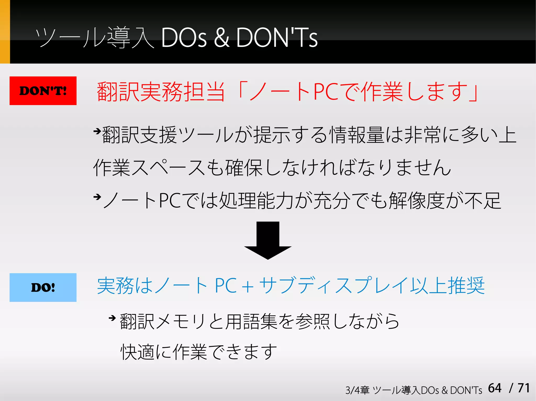 ツール導入 DOs & DON'Ts

DON'T!   翻訳実務担当「ノートPCで作業します」
         翻訳支援ツールが提示する情報量は非常に多い上
         ➔



         作業スペースも確保しなければなりません
         ノートPCでは処理能力が充分でも解像度が不足
         ➔




 DO!     実務はノート PC + サブディスプレイ以上推奨
             ➔
                 翻訳メモリと用語集を参照しながら
                 快適に作業できます

                             3/4章 ツール導入DOs & DON'Ts   64 / 71
 