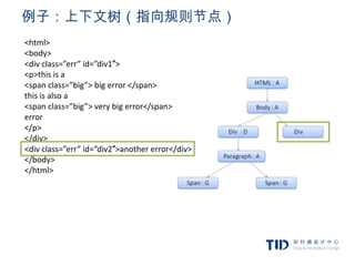 例子：上下文树（指向规则节点）
<html>
<body>
<div class=”err” id=”div1″>
<p>this is a
<span class=”big”> big error </span>
this is also a
<span class=”big”> very big error</span>
error
</p>
</div>
<div class=”err” id=”div2″>another error</div>
</body>
</html>
 