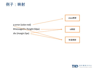 例子：映射


                             class映射


 p.error {color:red}
 #messageDiv {height:50px}    id映射

 div {margin:5px}

                             标签映射
 