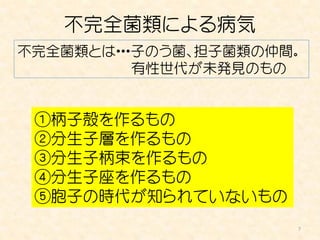 不完全菌類による病気
不完全菌類とは・・・子のう菌、担子菌類の仲間。
          有性世代が未発見のもの


 ①柄子殻を作るもの
 ②分生子層を作るもの
 ③分生子柄束を作るもの
 ④分生子座を作るもの
 ⑤胞子の時代が知られていないもの
                      7
 
