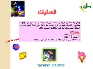 ‫واآلن بعد التقسٌم عزٌزاتى المبدعات إلى مجموعات وتحدٌد مقرر كل مجموعة‬
‫ومنسق والضابط، ٌقوم كل أفراد المجموعة بالعمل على تنفٌذ المهام واألدوار‬
                       ‫الموكلة الٌهم، وذلك استرشادا باألنشطة الموجهة التالٌة:‬
                                                                ‫نشاط (1):‬
                                                         ‫1.ما المقصود بالطاقة؟‬
                                                        ‫2.- صنفً أنواع الطاقة‬
                  ‫3.-ما المقصود بمصادر الطاقة المتجددة- مصادر غٌر متجددة؟‬
 