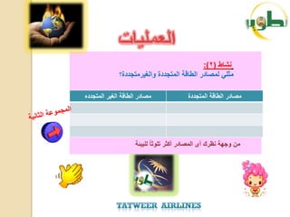‫نشاط (2):‬
              ‫مثلً لمصادر الطاقة المتجددة والغٌرمتجددة؟‬

‫مصادر الطاقة الغٌر المتجدده‬             ‫مصادر الطاقة المتجددة‬




                    ‫من وجهة نظرك أى المصادر أكثر تلوثا للبٌئة‬
 
