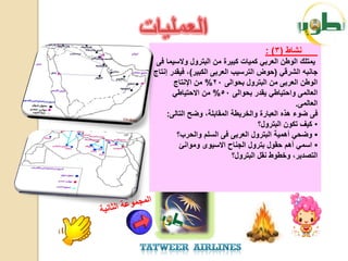 ‫نشاط (3) :‬
 ‫ٌمتلك الوطن العربً كمٌات كبٌرة من البترول والسٌما فى‬
‫جانبه الشرقً (حوض الترسٌب العربى الكبٌر)، فٌقدر إنتاج‬
       ‫الوطن العربى من البترول بحوالى 02% من اإلنتاج‬
       ‫العالمى واحتٌاطً ٌقدر بحوالى 05% من االحتٌاطً‬
                                                 ‫العالمى.‬
     ‫فى ضوء هذه العبارة والخرٌطة المقابلة، وضح التالى:‬
                                     ‫• كٌف تكون البترول؟‬
        ‫• وضحً أهمٌة البترول العربى فى السلم والحرب؟‬
         ‫• اسمً أهم حقول بترول الجناح االسٌوى وموانئ‬
                            ‫التصدٌر، وخطوط نقل البترول؟‬
 
