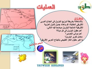 ‫نشاط (4):‬
 ‫باالستعانة بخرٌطة توزٌع البترول فى الجناح العربى‬
     ‫االفرٌقى المقابلة، قم بإعداد جدول للدول العربٌة‬
        ‫اإلفرٌقٌة المنتجة للبترول موضحا فٌه التالى:‬
                    ‫أهم حقول البترول فى كل دولة؟‬
                              ‫أهم موانئ التصدٌر؟‬
                             ‫معامل تكرٌر البترول؟‬
‫ما اكبر حقول الغاز الطبٌعً بالجناح العربى االفرٌقى؟‬
 