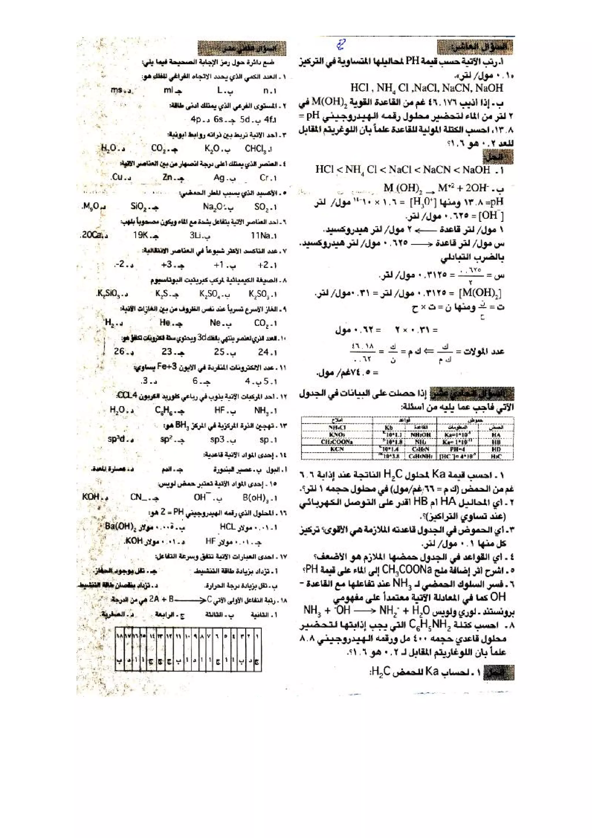 اسئلة كيمياء مع اجابتها