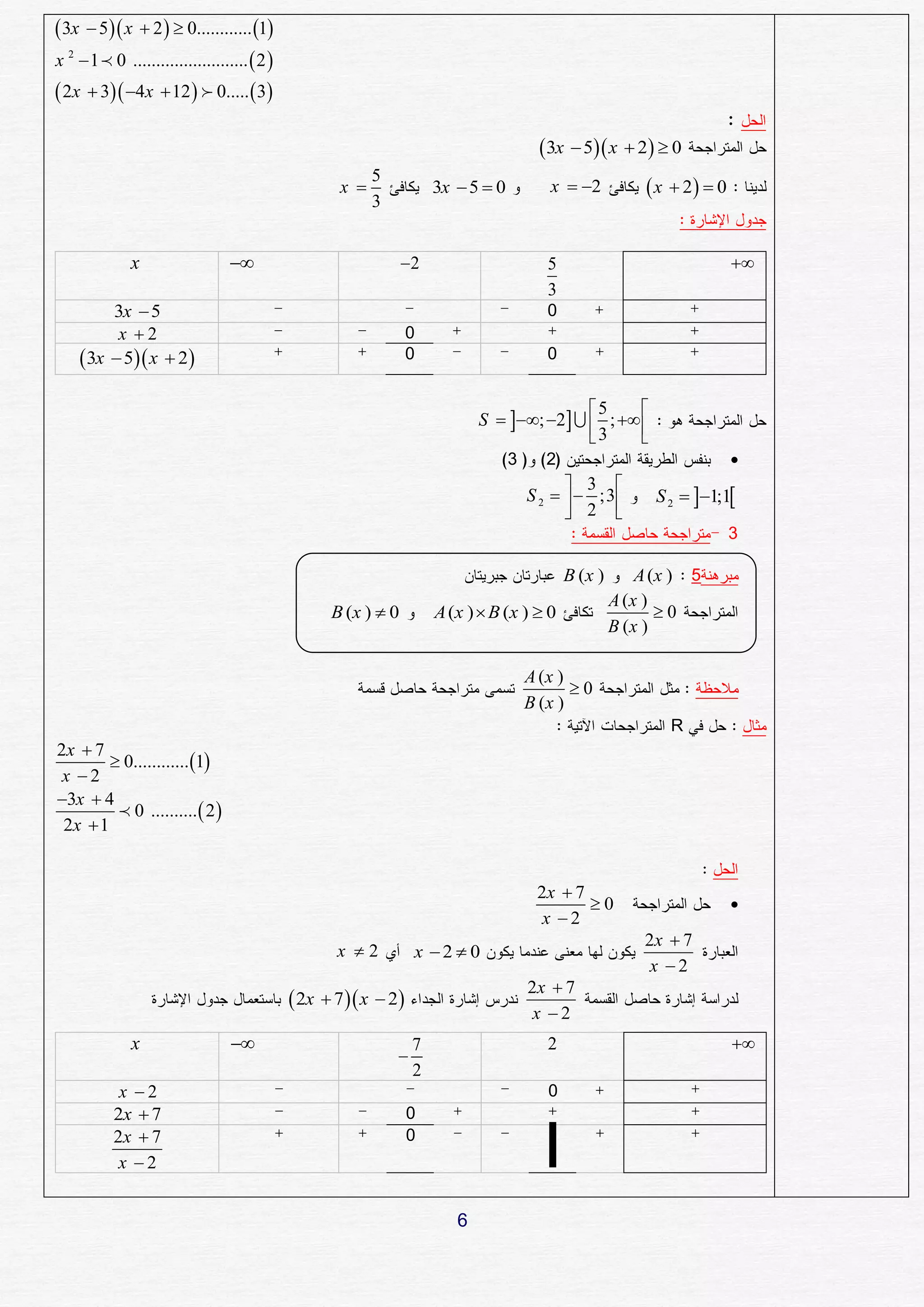  3x  5 x  2   0............ 1
x 2  1  0 .........................  2 
 2x  3 4x  12   0.....  3

                                                                                          3x  5 x  2  0
                                                            5
                                                      x                3x  5  0          x  2             x  2  0
                                                            3


              x                                                2                         5                                
                                                                                            3
         3x  5                                                                             00
          x 2                                                     0
     3x  5 x  2                                              0                        0


                                                                                              5     
                                                                               S  ; 2   ;  
                                                                                              3     
                                                                                     3     2                                 
                                                                                                3 
                                                                                         S 2    ;3          S 2  1;1
                                                                                                2 
                                                                                                                             3

                                                                                                 B (x )       A (x ) 5
                                                                                                          A (x )
                                                    B (x )  0          A (x )  B (x )  0                      0
                                                                                                          B (x )

                                                                                         A (x )
                                                                                                0
                                                                                         B (x )
                                                                                                                  R
2x  7
         0............ 1
 x 2
3x  4
          0 ..........  2 
 2x  1


                                                                                          2x  7
                                                                                                 0                          
                                                                                           x 2
                                                                                                              2x  7
                                                     x 2           x 2  0
                                                                                                               x 2
                                                                                         2x  7
                                               2x  7  x  2
                                                                                          x 2
               x                                                  7                       2                                
                                                                
                                                                    2
            x 2                                                                            0
                                                                                            0
           2x  7                                                  0
           2x  7                                                  0
            x 2


                                                                           6
 