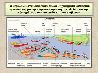 Τα μεγάλα λιμάνια διαθέτουν πολλά μηχανήματα καθώς και
προσωπικό, για την φορτοεκφόρτωση των πλοίων και την
εξυπηρέτηση των ναυτικών και των επιβατών

 