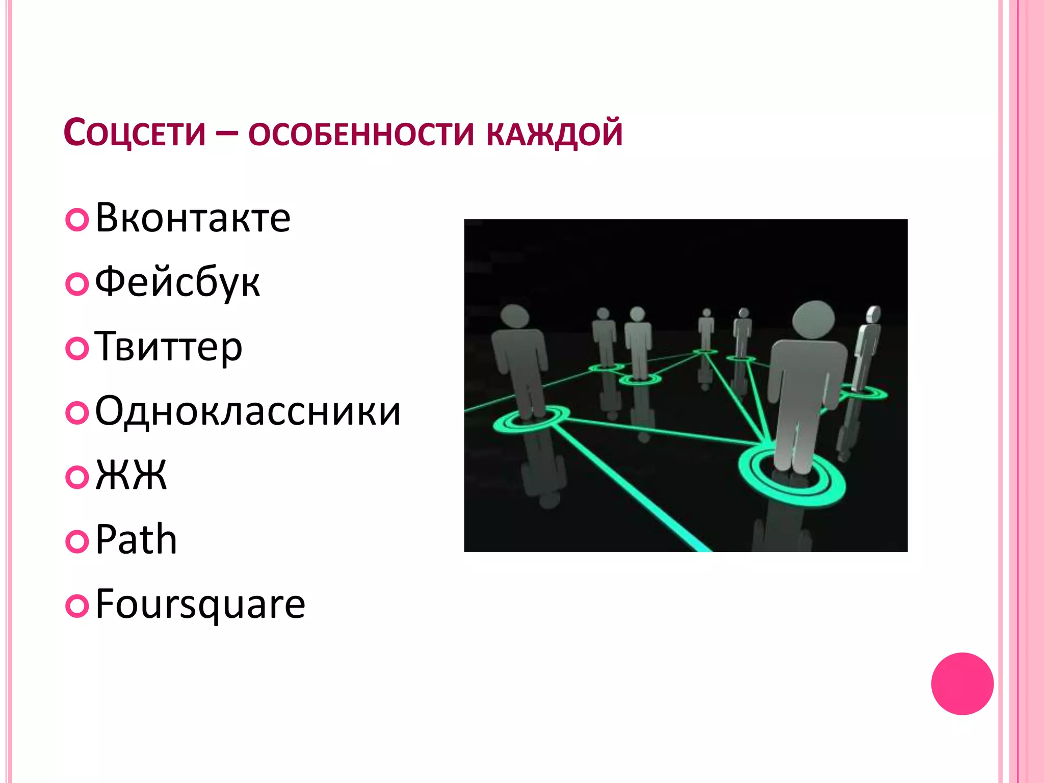СОЦСЕТИ – ОСОБЕННОСТИ КАЖДОЙ
 Вконтакте
 Фейсбук
 Твиттер
 Одноклассники
 ЖЖ
 Path
 Foursquare
 