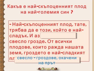 Какъв е най-скъпоценният плод на най-големия син ? - Най-скъпоценният плод, тате, трябва да е този, който е най-сладък. И аз ти купих едно свесло грозде. От всички плодове, които ражда нашата земя, гроздето е най-сладкият плод.  свесло - гроздове, окачени на прът 