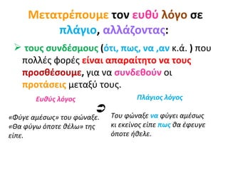 Μετατρέπουμε  τον  ευθύ   λόγο  σε  πλάγιο ,  αλλάζοντας : τους συνδέσμους  ( ότι, πως, να ,αν  κ.ά.  )  που πολλές φορές  είναι απαραίτητο να τους  προσθέσουμε ,  για να  συνδεθούν  οι  προτάσεις  μεταξύ τους.   Ευθύς λόγος «Φύγε αμέσως» του φώναξε. «Θα φύγω όποτε θέλω» της είπε. Πλάγιος λόγος Του φώναξε  να  φύγει αμέσως κι εκείνος είπε  πως  θα έφευγε όποτε ήθελε.   