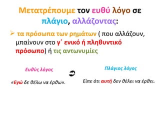 Μετατρέπουμε  τον  ευθύ   λόγο  σε  πλάγιο ,  αλλάζοντας : τα πρόσωπα των ρημάτων  ( που αλλάζουν, μπαίνουν στο  γ΄ ενικό ή πληθυντικό πρόσωπο ) ή  τις αντωνυμίες Ευθύς λόγος « Εγώ  δε θέλω να έρθω». Πλάγιος λόγος Είπε ότι  αυτή  δεν θέλει να έρθει.  