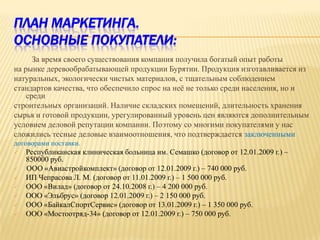 ПЛАН МАРКЕТИНГА.
ОСНОВНЫЕ ПОКУПАТЕЛИ:
      За время своего существования компания получила богатый опыт работы
на рынке деревообрабатывающей продукции Бурятии. Продукция изготавливается из
натуральных, экологически чистых материалов, с тщательным соблюдением
стандартов качества, что обеспечило спрос на неѐ не только среди населения, но и
    среди
строительных организаций. Наличие складских помещений, длительность хранения
сырья и готовой продукции, урегулированный уровень цен являются дополнительным
условием деловой репутации компании. Поэтому со многими покупателями у нас
сложились тесные деловые взаимоотношения, что подтверждается заключенными
договорами поставки.
   Республиканская клиническая больница им. Семашко (договор от 12.01.2009 г.) –
    850000 руб.
   ООО «Авиастройкомплект» (договор от 12.01.2009 г.) – 740 000 руб.
   ИП Чепрасова Л. М. (договор от 11.01.2009 г.) – 1 500 000 руб.
   ООО «Вилад» (договор от 24.10.2008 г.) – 4 200 000 руб.
   ООО «Эльбрус» (договор 12.01.2009 г.) – 2 150 000 руб.
   ООО «БайкалСпортСервис» (договор от 13.01.2009 г.) – 1 350 000 руб.
   ООО «Мостоотряд-34» (договор от 12.01.2009 г.) – 750 000 руб.
 
