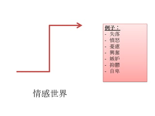 例子︰
       - 失落
       - 憤怒
       - 憂慮
       - 興奮
       - 嫉妒
       - 抑鬱
       - 自卑



情感世界
 