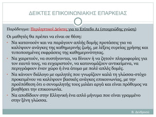 ΔΕΙΚΤΕΣ ΕΠΙΚΟΙΝΩΝΙΑΚΗΣ ΕΠΑΡΚΕΙΑΣ Παράδειγμα:  Περιληπτικοί Δείκτες  για το Επίπεδο Α1  ( στοιχειώδης γνώση) Οι μαθητές θα πρέπει να είναι σε θέση: Να κατανοούν και να παράγουν απλής δομής προτάσεις για να καλύψουν ανάγκες της καθημερινής ζωής, με λέξεις ευρείας χρήσης και τυποποιημένες εκφράσεις της καθημερινότητας. Να χαιρετούν, να συστήνονται, να δίνουν ή να ζητούν πληροφορίες για τον εαυτό τους, να ευχαριστούν, να κατονομάζουν αντικείμενα, να περιγράφουν έναν χώρο ή ένα άτομο με πολύ απλές δομές. Να κάνουν διάλογο με ομιλητές που γνωρίζουν καλά τη γλώσσα-στόχο προκειμένου να καλύψουν βασικές ανάγκες επικοινωνίας, με την προϋπόθεση ότι ο συνομιλητής τους μιλάει αργά και είναι πρόθυμος να βοηθήσει την επικοινωνία. Να αποδίδουν στην Ελληνική ένα απλό μήνυμα που είναι γραμμένο στην ξένη γλώσσα. Β. Δενδρινού 
