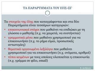 ΤΑ ΠΑΡΑΡΤΗΜΑΤΑ ΤΟΥ ΕΠΣ-ΞΓ Τα  στοιχεία της ύλης  που καταγράφονται και στα δύο Παραρτήματα είναι τεσσάρων κατηγοριών: επικοινωνιακοί στόχοι  που μαθαίνει να επιδιώκει με τη γλώσσα ο μαθητής (π.χ. να χαιρετά, να συστήνεται) γραμματικά μέσα  που μαθαίνει χρησιμοποιεί για να επικοινωνήσει (π.χ. το ρήμα είμαι, προσωπικές αντωνυμίες) θεματικά οργανωμένο λεξιλόγιο  που μαθαίνει χρησιμοποιεί για να επικοινωνήσει (π.χ. ονόματα, αριθμοί) τύποι κειμένων  με τους οποίους υλοποιείται η επικοινωνία (π.χ. γράμμα σε φίλο,  email) Β. Δενδρινού 