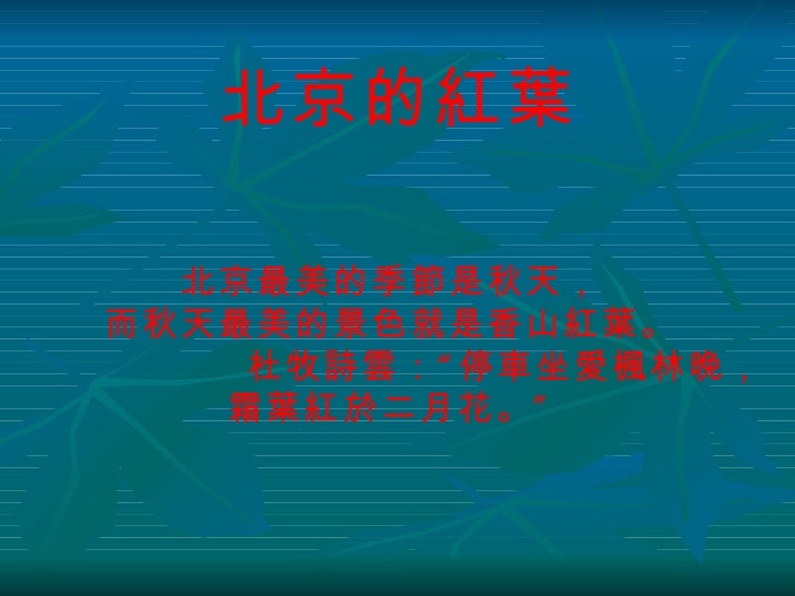 北京的紅葉 北京最美的季節是秋天， 而秋天最美的景色就是香山紅葉。 杜牧詩雲：“停車坐愛楓林晚， 霜葉紅於二月花。” 