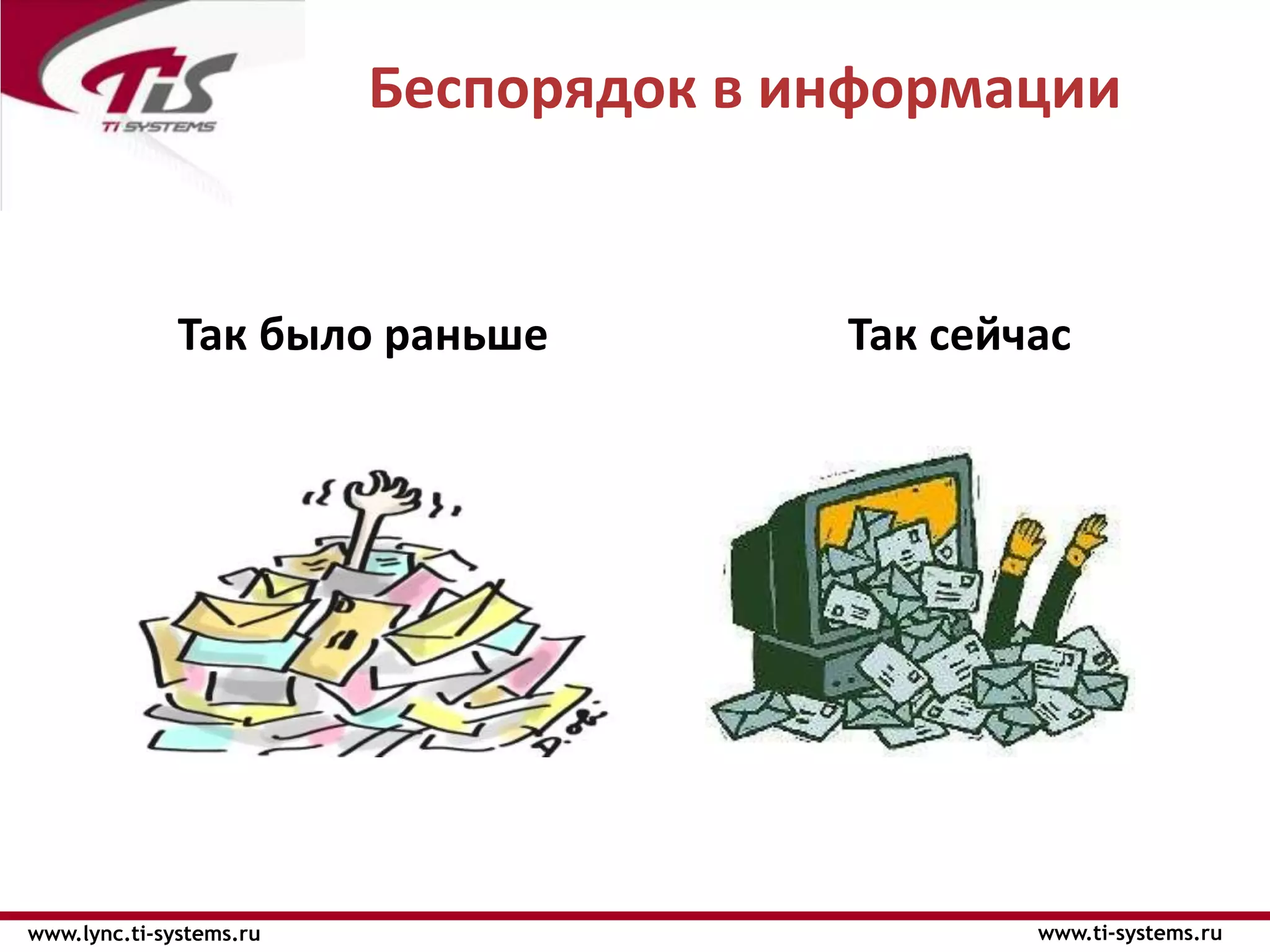 Беспорядок в информации


              Так было раньше          Так сейчас




www.lync.ti-systems.ru                         www.ti-systems.ru
 