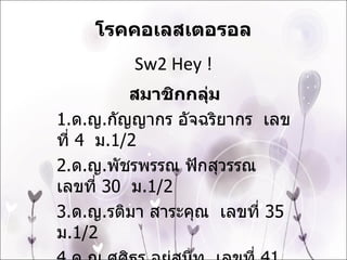 โรคคอเลสเตอรอล Sw2 Hey ! สมาชิกกลุ่ม 1. ด . ญ . กัญญากร อัจฉริยากร  เลขที่  4   ม .1 / 2 2. ด . ญ . พัชรพรรณ ฟักสุวรรณ  เลขที่  30  ม .1 / 2 3. ด . ญ . รติมา สาระคุณ  เลขที่  35   ม .1 / 2 4. ด . ญ . ศศิธร อยู่สนิท  เลขที่  41  ม .1 / 2 5. ด . ญ . สุทัตตา คุณาสรณ์  เลขที่  48  ม .1 / 2 