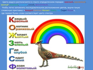 Цвета радуги располагаются в строго определенном порядке: красный, оранжевый,
желтый, зеленый, голубой, синий, фиолетовый.
 Чтобы легко запомнить последовательное расположения цветов, выучи такую
словесную приставку: «Каждый Охотник Желает Знать, Где Сидит Фазан»,
где первая буква слова соответствует цвету спектра.
 