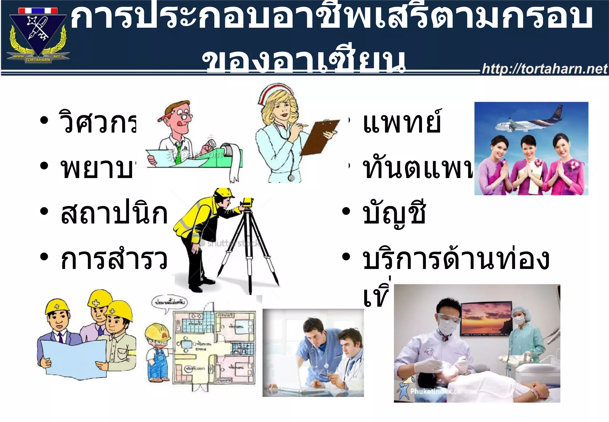 วิศวกร พยาบาล สถาปนิก การสำรวจ แพทย์ ทันตแพทย์ บัญชี บริการด้านท่องเที่ยว การประกอบอาชีพเสรีตามกรอบของอาเซียน 
