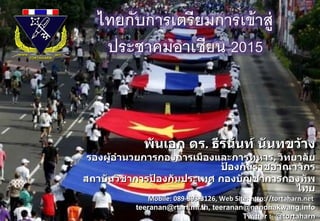 พันเอก ดร .  ธีรนันท์ นันทขว้าง รองผู้อำนวยการกองการเมืองและการทหาร ,  วิทยาลัยป้องกันราชอาณาจักร สถาบันวิชาการป้องกันประเทศ กองบัญชาการกองทัพไทย Mobile: 089-893-3126, Web Site: http://tortaharn.net  teeranan@rtarf.mi.th, teeranan@nandhakwang.info Twitter :  @tortaharn Facebook : http://facebook.com/tortaharn http://facebook.com/dr.trrtanan 