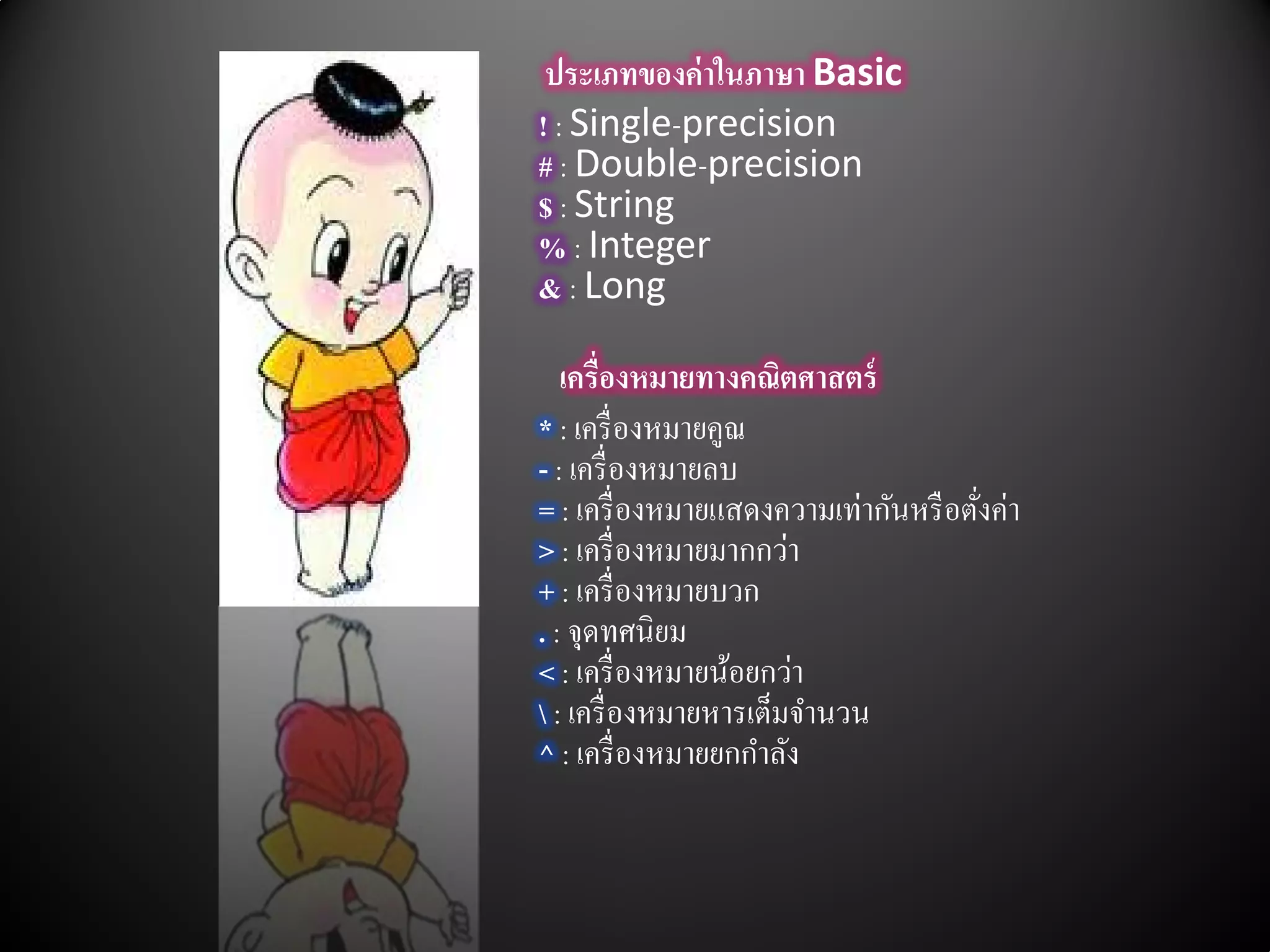 ประเภทของค่ าในภาษา Basic
! : Single-precision
# : Double-precision
$ : String
% : Integer
& : Long

   เครื่องหมายทางคณิตศาสตร์
* : เครื่ องหมายคูณ
- : เครื่ องหมายลบ
= : เครื่ องหมายแสดงความเท่ากันหรื อตังค่า
                                      ่
> : เครื่ องหมายมากกว่า
+ : เครื่ องหมายบวก
. : จุดทศนิยม
< : เครื่ องหมายน้อยกว่า
 : เครื่ องหมายหารเต็มจํานวน
^ : เครื่ องหมายยกกําลัง
 