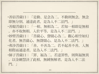105
  
善宿菩薩曰：「是動、是念為二。不動則無念，無念
即無分別，通達此者，是為入不二法門。」 
善眼菩薩曰：「一相、無相為二。若知一相即是無相
，亦不取無相，入於平等，是為入不二法門。」 
妙臂菩薩曰：「菩薩心、聲聞心為二。觀心相空如幻
化者，無菩薩心，無聲聞心，是為入不二法門。」 
弗沙菩薩曰：「善、不善為二。若不起善不善，入無
相際而通達者，是為入不二法門。」 
師子菩薩曰：「罪、福為二。若達罪性，則與福無異
，以金剛慧決了此相，無縛無解者，是為入不二法
門。」
 